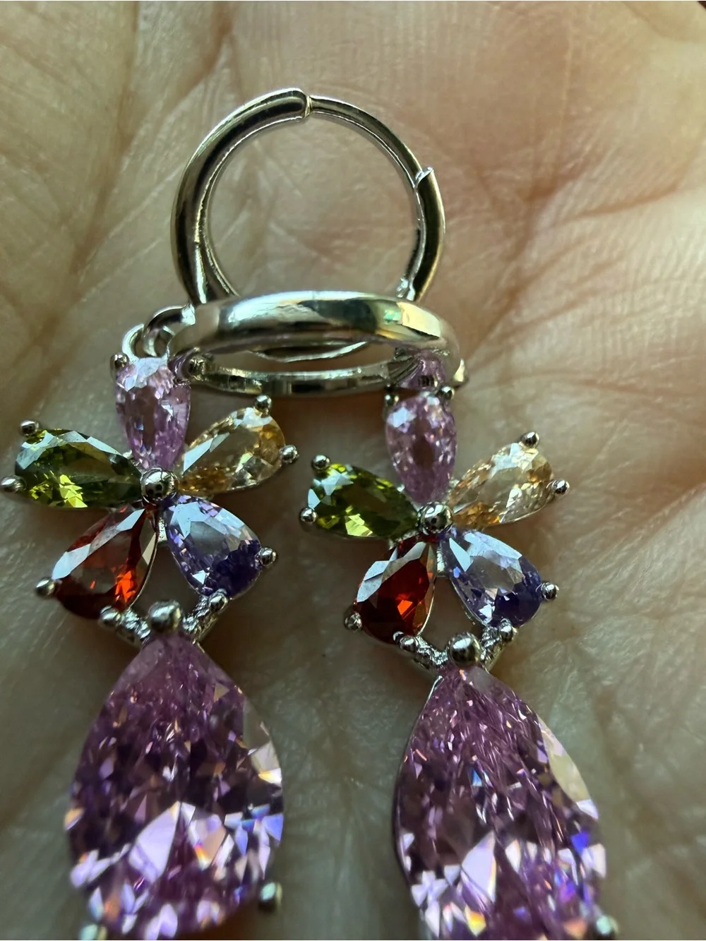 NEW!! Multi-Color Flower Drop Earrings with Pink Teardrop Gem